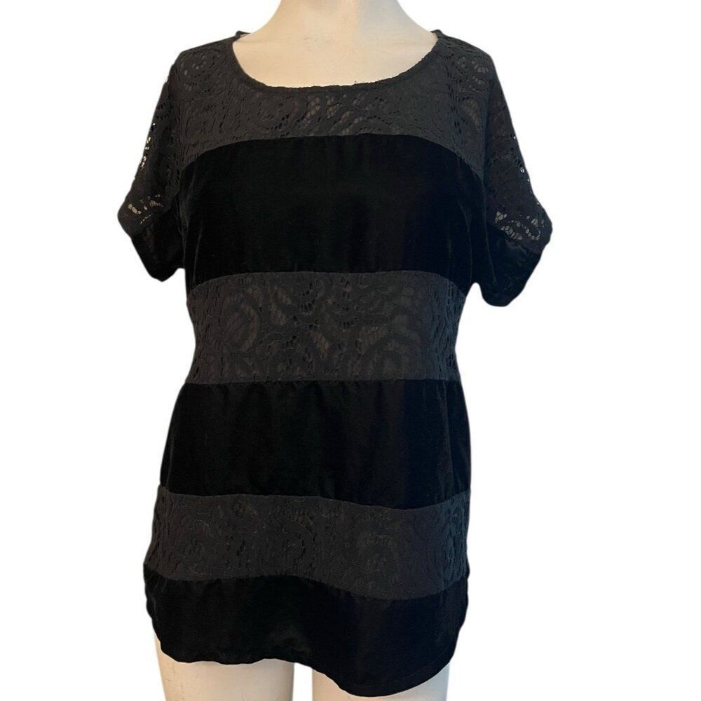 Anthropologie Women's Size S Dolan Lace Velvet Blouse Top Black Short Sleeve